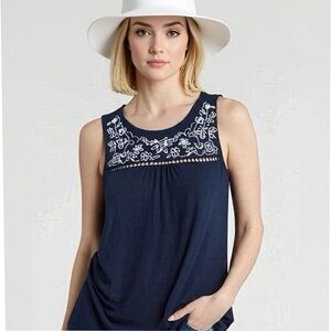 MARKET & SPRUCE STITCH FIX Linen Blend Tank Top Embroidered Blouse Sz XS/S Navy